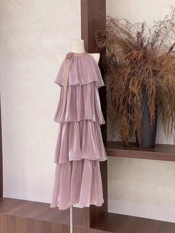 A line Scoop Ruffled Rose Pink Long Women's Vacation Holiday Dresses SD184